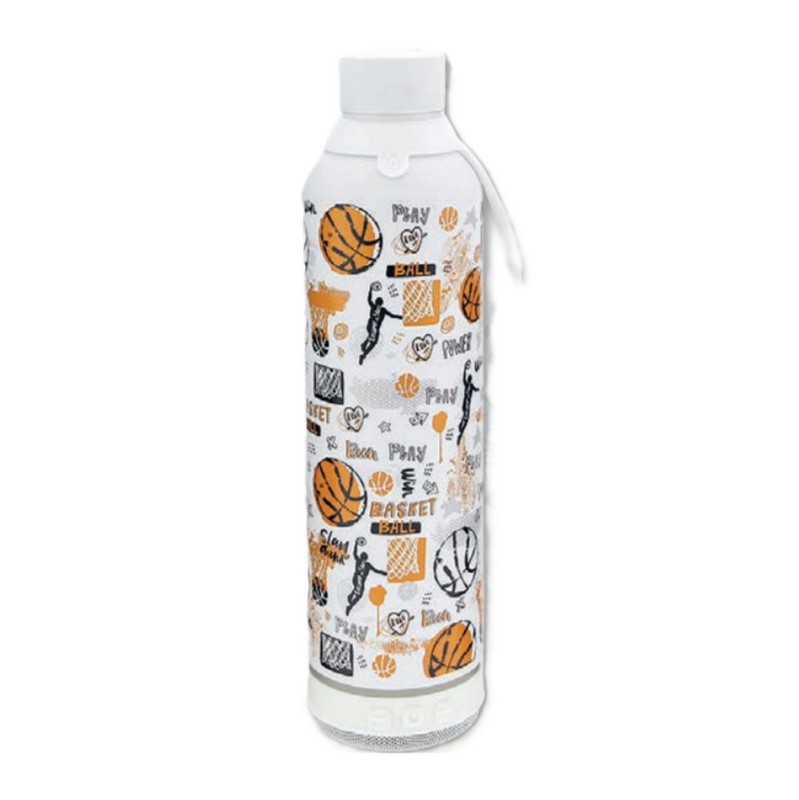 Borraccia termica bianca con speaker bluetooth integrato sul fondo, decorata a tema basket in acciaio inox doppia parete da 600 ml
